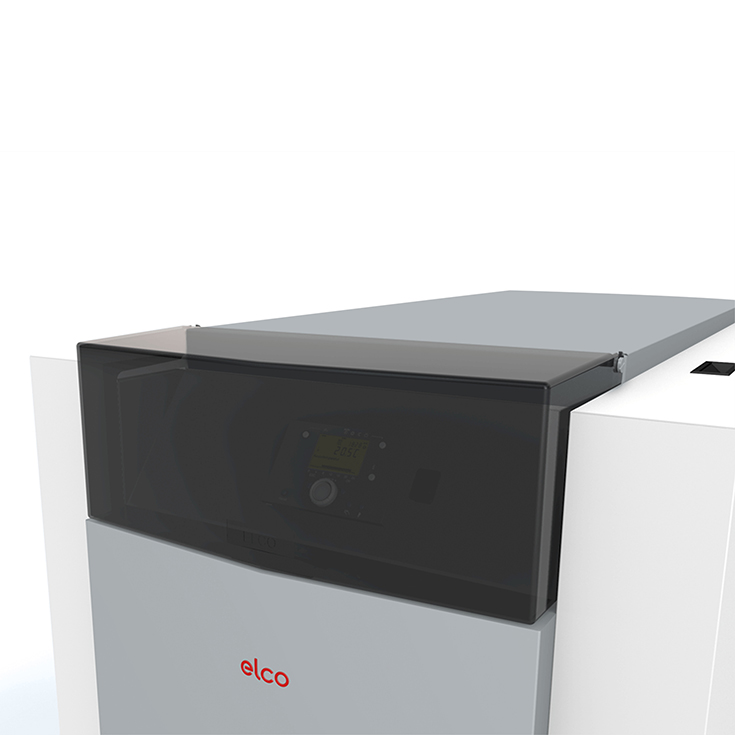 Modern heating control unit from Elco with digital display and swivelling protective cover, shown in close-up when closed