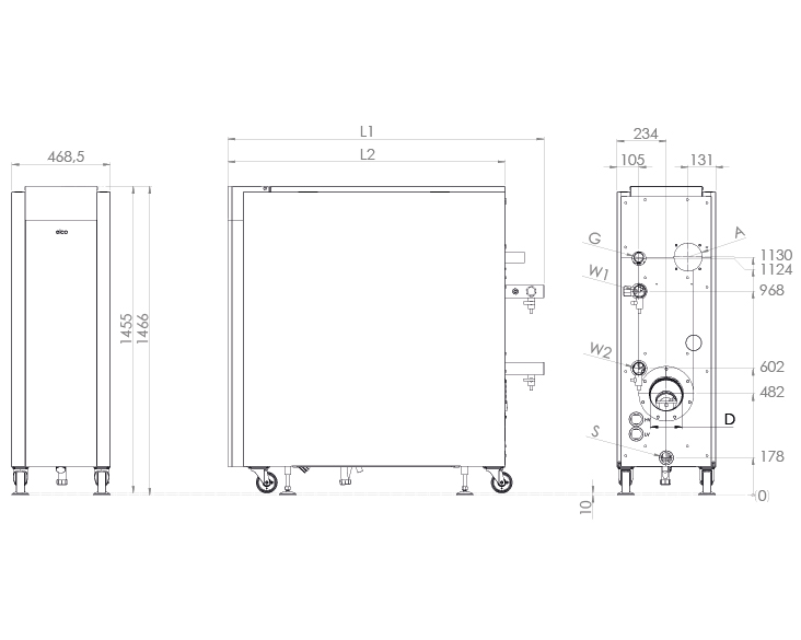 Technical drawing with dimensions of the TRIGON XL 150, 200 und 250