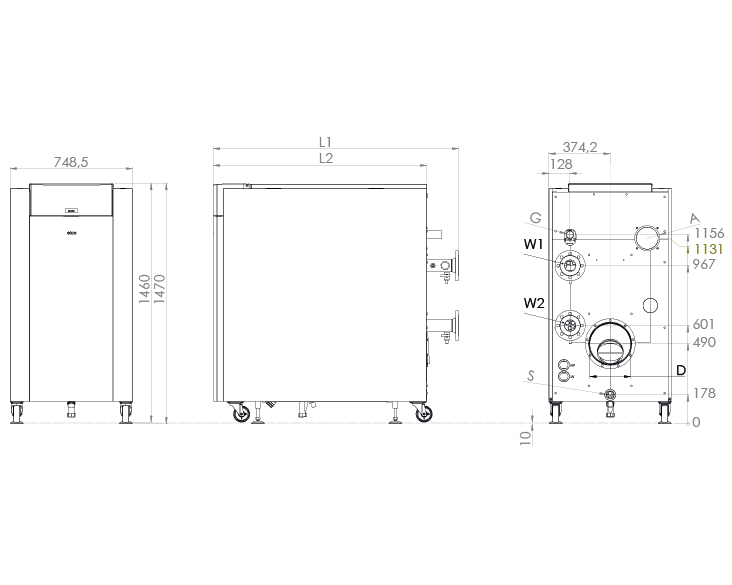Technical drawing with dimensions of the TRIGON XL 300, 400, 500 und 570