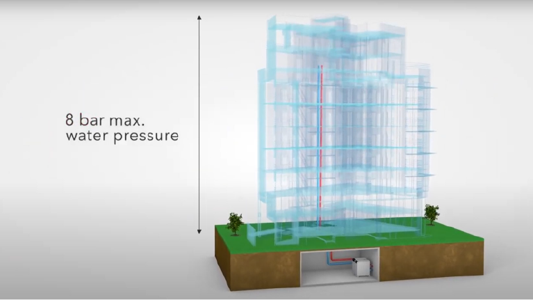 3D representation of a high-rise building with a heating system in the basement that can cope with a maximum water pressure of 8 bar. The heating system supplies all floors via vertical pipes