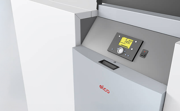 Detailed view of an Elco heating system with digital control display showing temperature and settings.