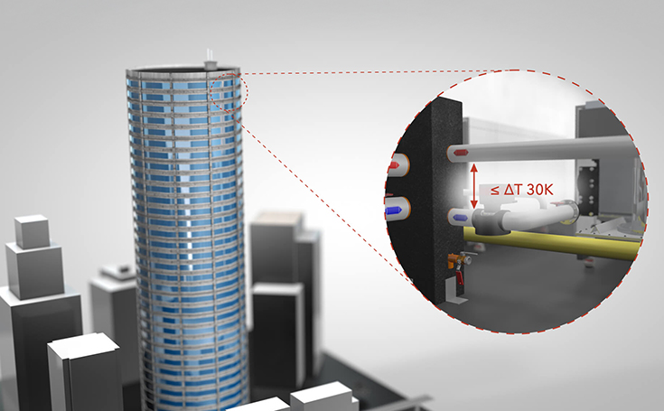 Illustration of a high-rise building with an enlarged detailed image of the heating system
